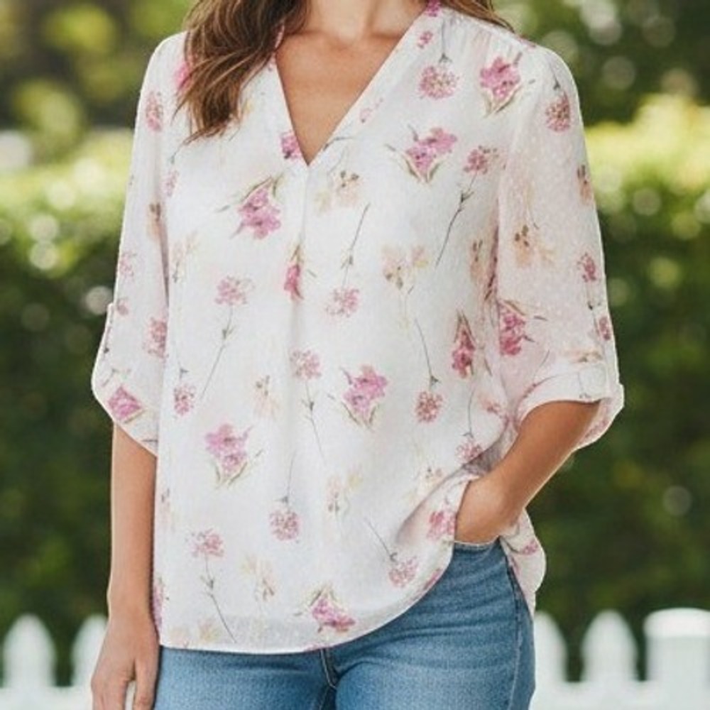 Jones New York Floral Swiss Dot V-Neck Blouse Boho White Pink Plus Size 2X